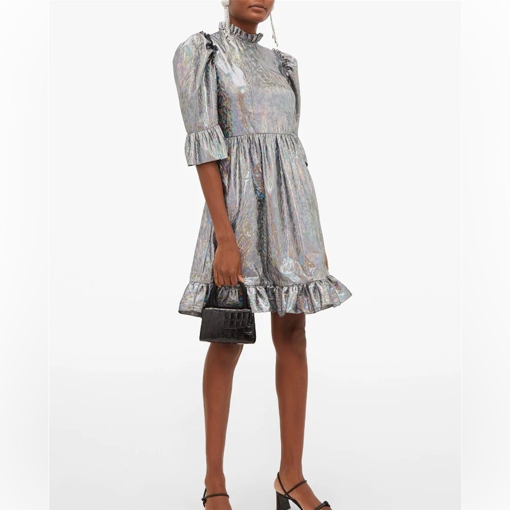Batsheva Iridescent Silver Holographic Mini Dress